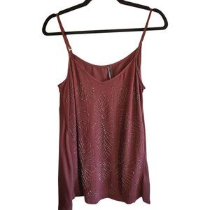 Anthropologie Alison Small Beaded Tank Top Chocolate Brown Embellished Leaves